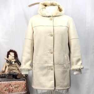 Liz Claiborne Cream Faux Suede Sherpa Hoodie with Pockets Coat